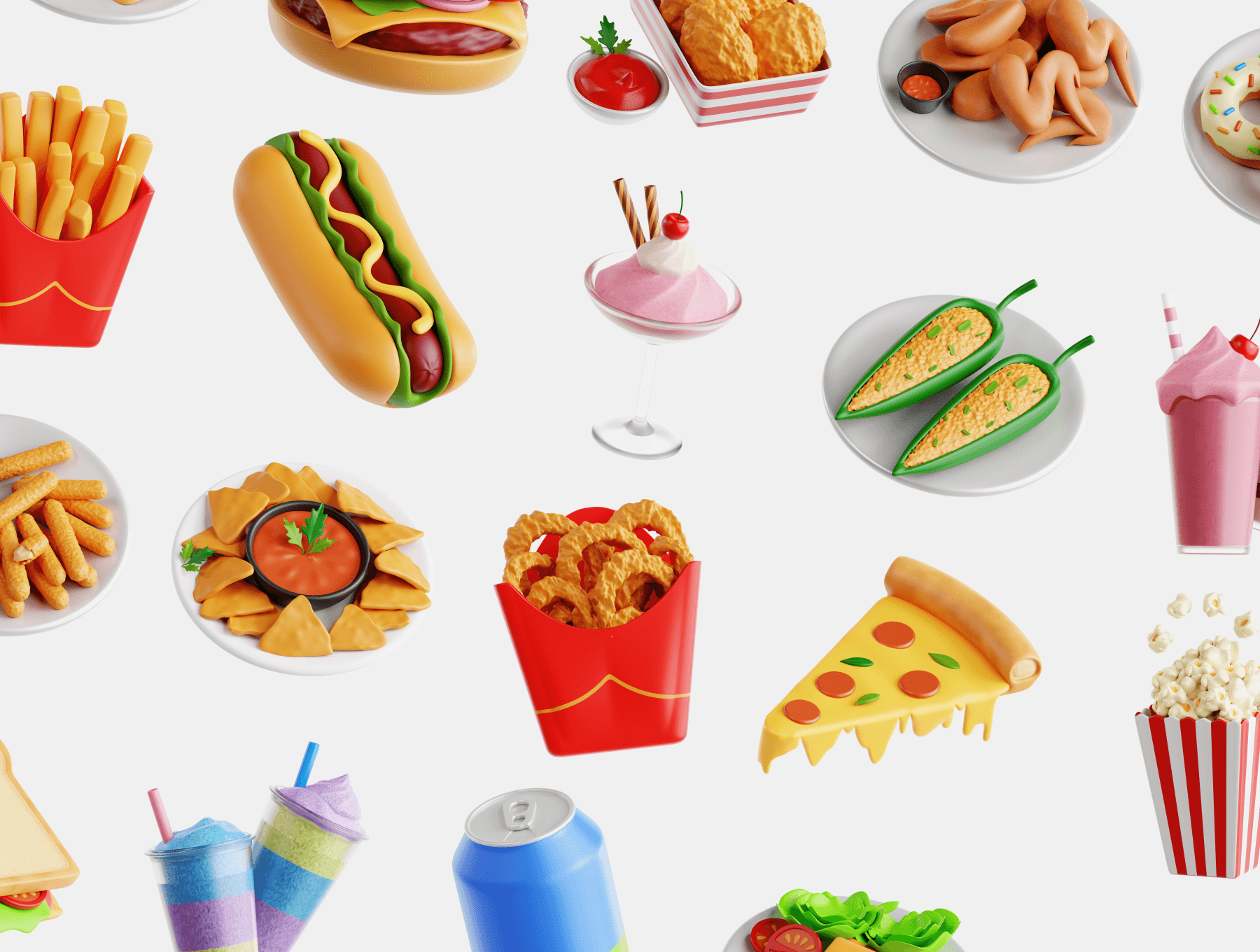 Fast-Foods 3D Icon Set 20款3D卡通汉堡薯条披萨热狗快餐美食插图插画png免抠图片素材_UIGUI